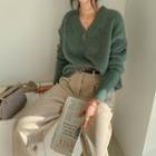 V-neck Fluffy Loose Sweater Dark Mint Green - One Size