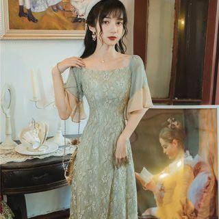 Elbow-sleeve Lace Frilly A-line Midi Dress