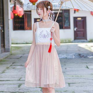 Spaghetti-strap Embroidered A-line Dress