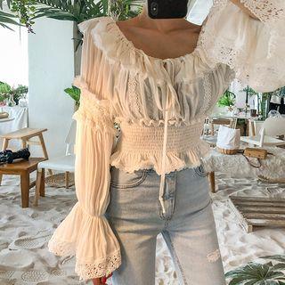 Ruffled Smocked Peasant Blouse White - One Size