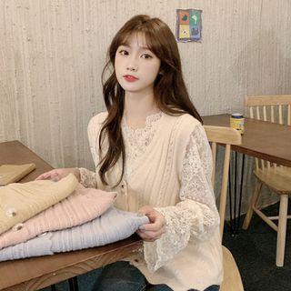 Plain Button-up Sweater Vest / Long-sleeve Lace Top