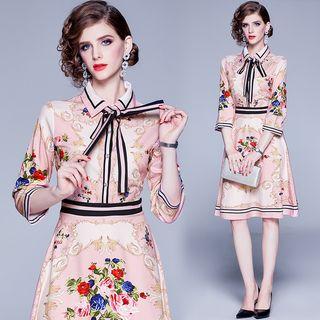 3/4-sleeve Floral-print Collared A-line Dress