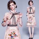 3/4-sleeve Floral-print Collared A-line Dress