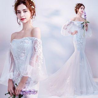 Elbow-sleeve Trained Mermaid Wedding Gown