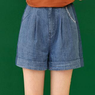 Cuffed Embroidery Denim Shorts