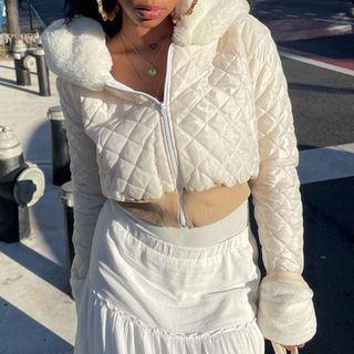 Long Sleeve Furry-trim Argyle Crop Jacket