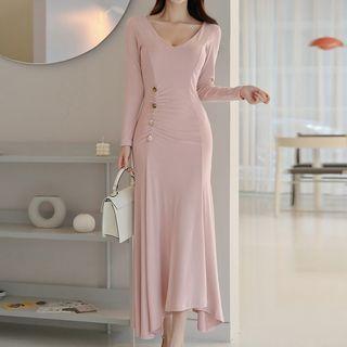 Long-sleeve Ruched Midi Mermaid Dress