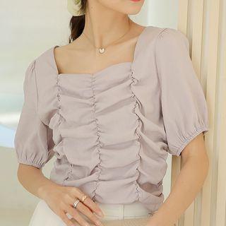 Short-sleeve Square-neck Shirred Cropped Blouse