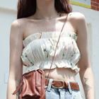 Strapless Ruffled Floral Print Crop Top Light Yellow - One Size
