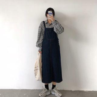 Balloon-sleeve Plaid Shirt / Midi Denim Jumper Dress
