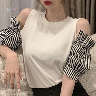 Striped Panel Cold-shoulder T-shirt