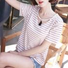 Tasseled Striped Short Sleeve T-shirt