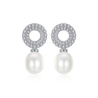 Sterling Silver Classic Brilliant Geometric Round White Freshwater Pearl Earrings With Cubic Zirconia Silver - One Size
