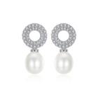 Sterling Silver Classic Brilliant Geometric Round White Freshwater Pearl Earrings With Cubic Zirconia Silver - One Size