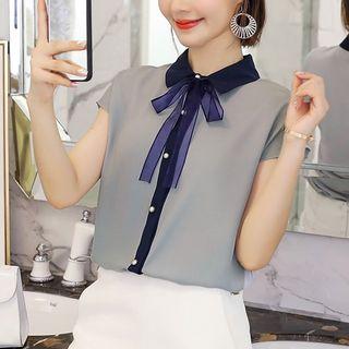 Contrast Trim Cap-sleeve Blouse