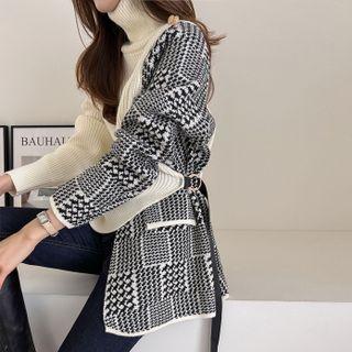 Turtleneck Houndstooth-panel Buckled Wrap Sweater