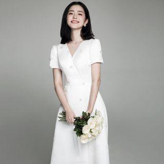 Short-sleeve Embellished Slit-hem Wedding Gown