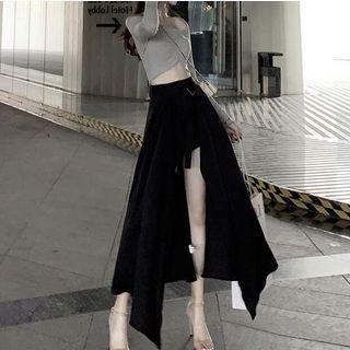 Off-shoulder Knit Crop Top / Belted Asymmetric Skort