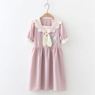 Short-sleeve Sailor-collar Midi Dress Pink - One Size