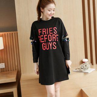 Sequined Ripped Sleeve Lettering Pullover Dress