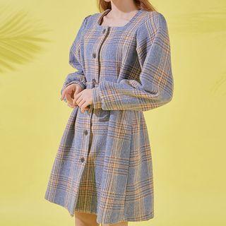 Square-neck Belted Plaid Mini Dress