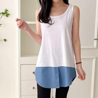 Denim-panel Longline Tank Top