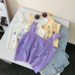 Square-neck Flower Embroidered Ribbed Knit Tank Top
