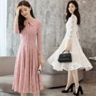 Long Sleeve Tie-neck Lace A-line Midi Dress
