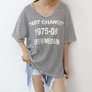 V-neck Lettering Striped T-shirt