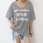 V-neck Lettering Striped T-shirt