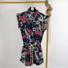 Floral Print Cap-sleeve Drawstring Playsuit