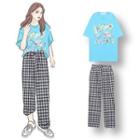 Printed Short-sleeve T-shirt / Plaid Cropped Straight-fit Pants