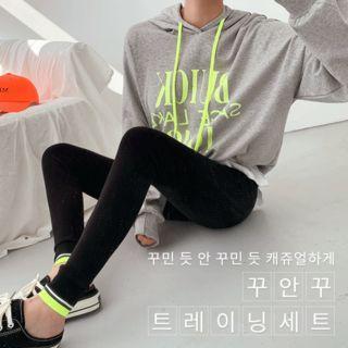 Set: Letter Print Hooded Pullover + Contrast-trim Leggings