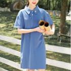 Short-sleeve Flower Embroidered A-line Polo Dress Blue - One Size