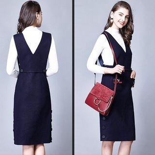 Set: V-neck Bow Accent Pinafore Dress + Plain Long Sleeve Top