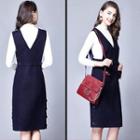 Set: V-neck Bow Accent Pinafore Dress + Plain Long Sleeve Top