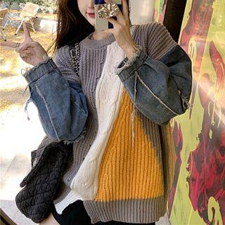 Denim Panel Color Block Sweater Gray & Blue & White - One Size