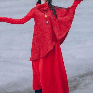 Set: Turtleneck Cape + Long-sleeve Midi Shift Dress