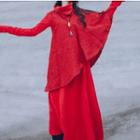 Set: Turtleneck Cape + Long-sleeve Midi Shift Dress