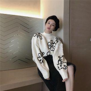 Flower Applique Sweater White - One Size