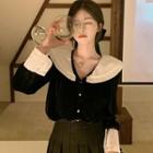 Collar Two-tone Velvet Blouse Black - One Size