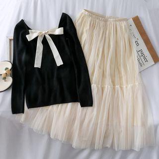 Set: Open Ribbon-back T-shirt + Mesh A-line Skirt