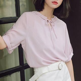 Plain Lace-up Short-sleeve Blouse
