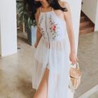 Set: Flower Embroidered Halter-neck Swimdress + Swim Shorts
