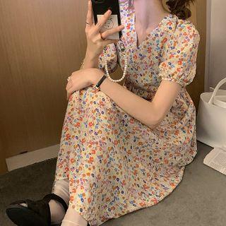 V-neck Floral Midi A-line Dress Orange & Almond & Yellow - One Size