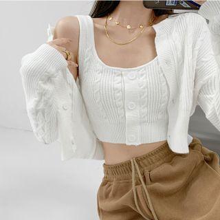 Set: Cable-knit Crop Tank Top + Crew-neck Cardigan In 5 Colors