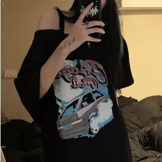 Elbow-sleeve Cold Shoulder Graphic Print T-shirt