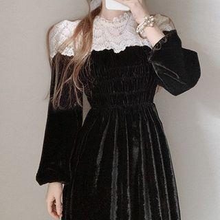 Mock Two-piece Lace Panel Velvet Midi A-line Dress