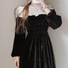 Mock Two-piece Lace Panel Velvet Midi A-line Dress