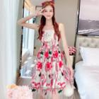 Sleeveless Flower Printed Embroidered A-line Dress